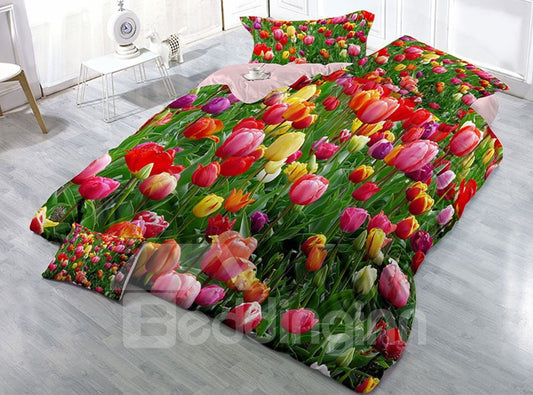 Colorful Tulips Wear-resistant Breathable High Quality 60s Cotton 4-Piece 3D Bedding Sets