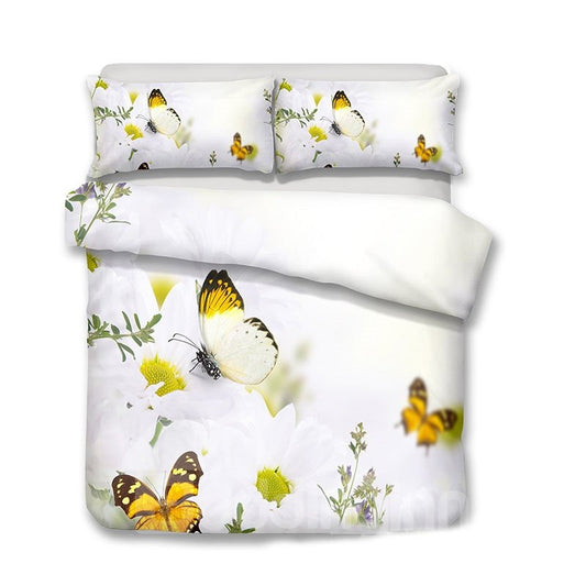 Yellow Butterflies On White Daisy Printed 3-Piece Bedding Sets/Duvet Covers
