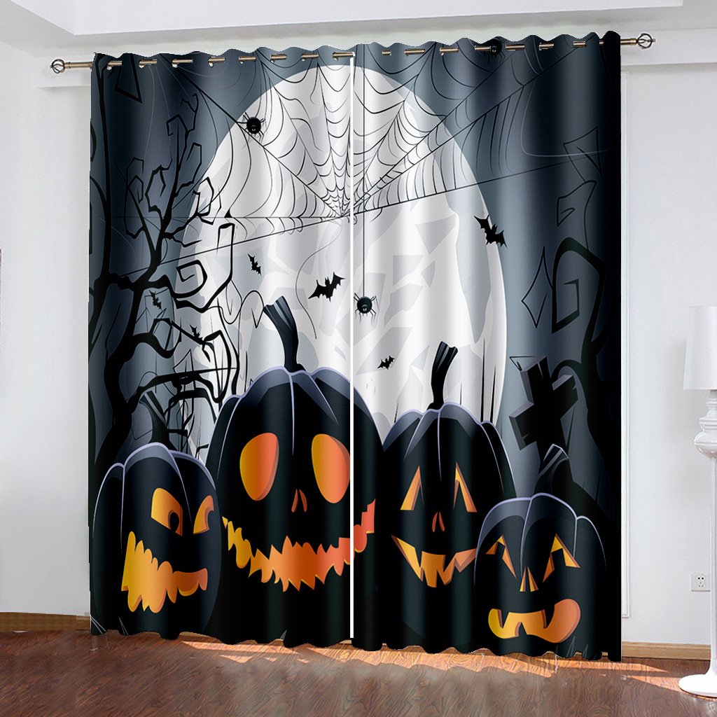 3D-gedruckte Vorhänge, Halloween-Kürbis-Mond, Verdunkelungsdekoration, Fensterschattierungsvorhang, individuelle 2-Panel-Vorhänge