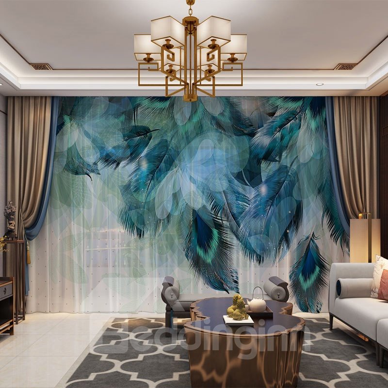 Schöne und helle 3D-Pfauenfedern, bedruckt, dekorativ, 2 Bahnen, individuell, transparent, umweltfreundlich und langlebig, dicke Haarschnüre, kein Pilling, kein Ausbleichen, kein Abstreifen, maschinenwaschbar