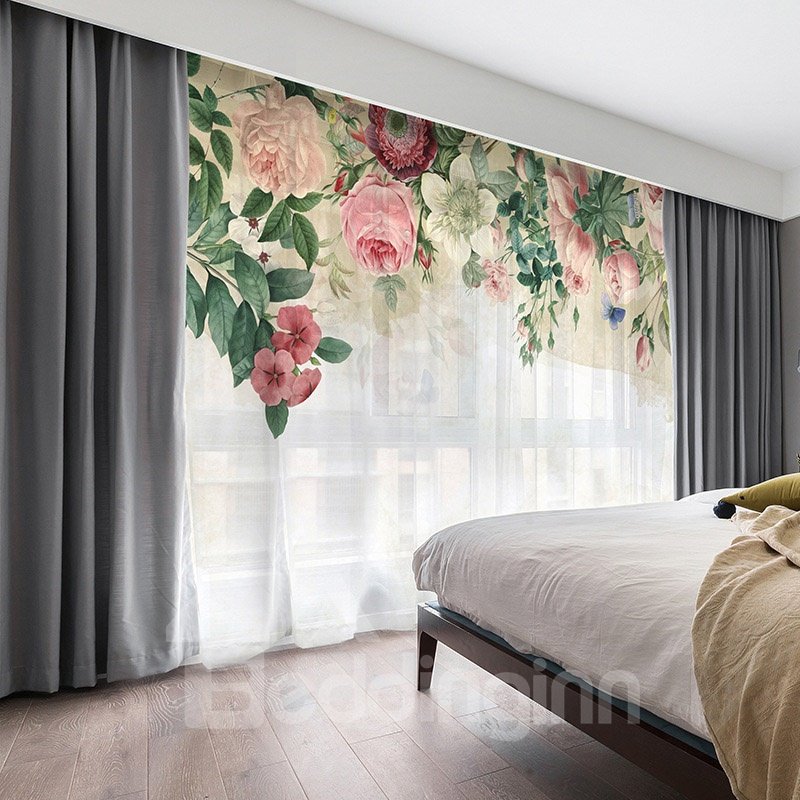 3D-Rosa-Blumenmuster im romantischen Stil, bedruckt, 2 Bahnen, individuell, transparent