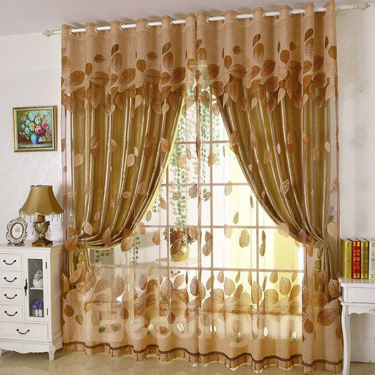 Golden European Style Burnout and Embroidered Floral Blackout Curtains