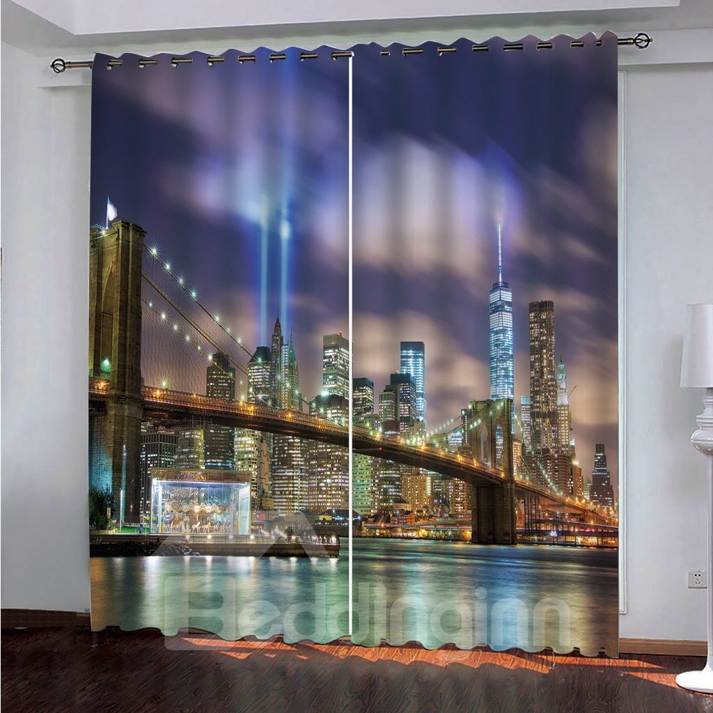 Cortinas de salón personalizadas decorativas opacas 3D con paisaje nocturno de hermosos edificios de ciudad bulliciosa
