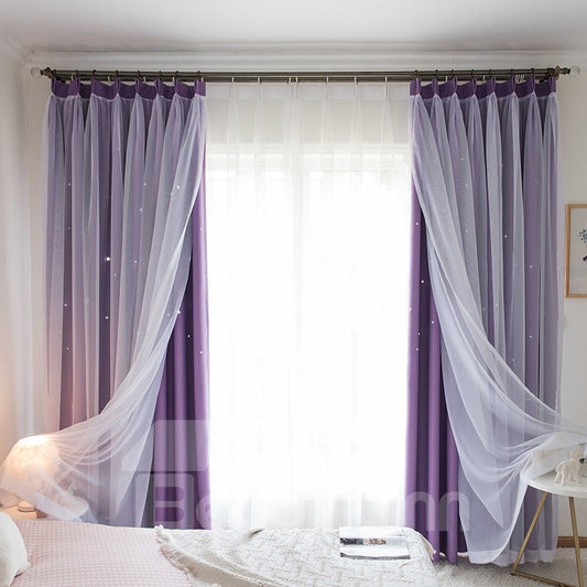 Romantic Purple Hollowed-out Star and White Sheer Sewing Together Blackout Curtains