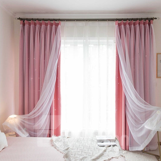 Modern Style Peach Color Hollowed-out Star and White Voile Sewing Together Blackout Curtains