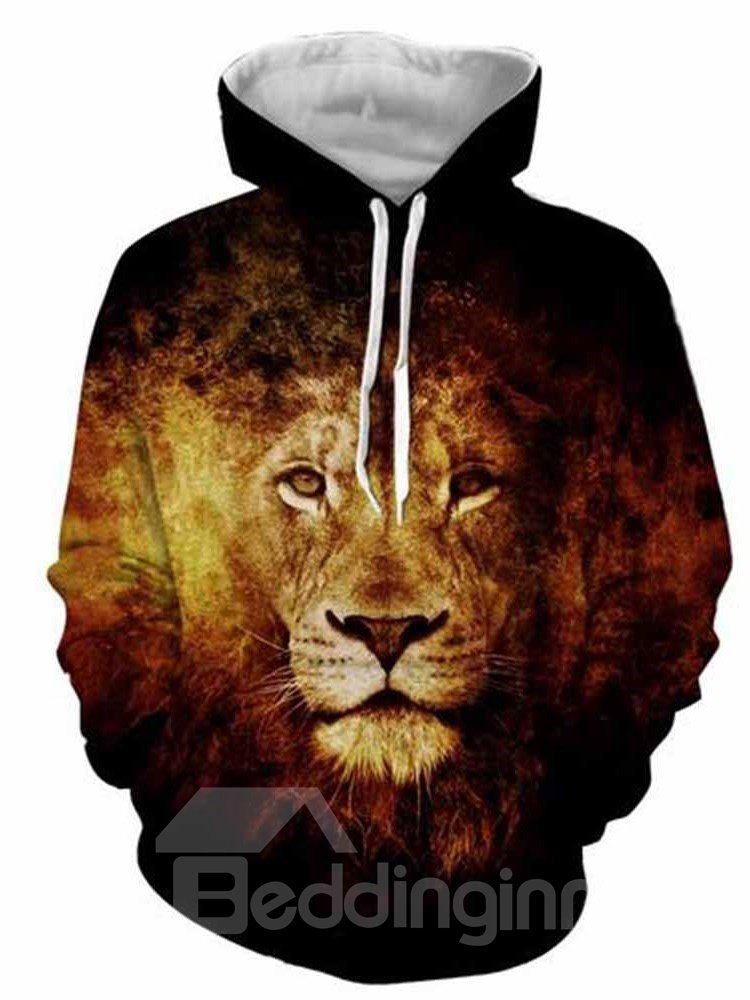Sudaderas con capucha con bolsillo delantero para hombre con estampado de cara de león de manga larga en 3D