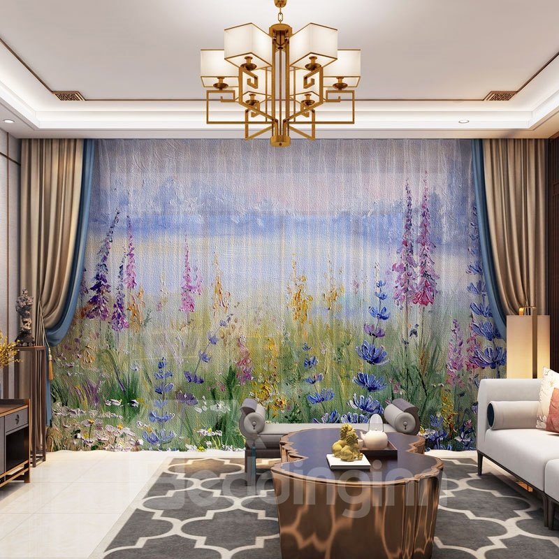 3D Nordic Style Lavender Printed Decorative 2 Panels Custom Sheer