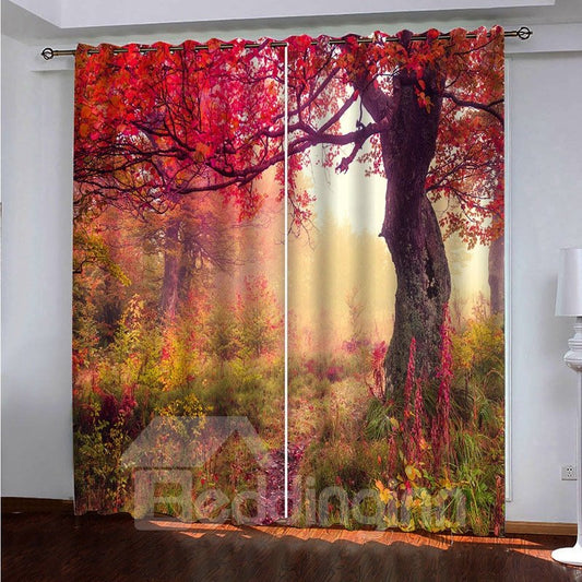 2 Panels Blackout Room Darkening Curtains Curtains 3D Scenery Autumn Season Red Maple Leaves Print 200g ©O Medium Polyester Good Shading Effect and Anti-ultraviolet Radiation