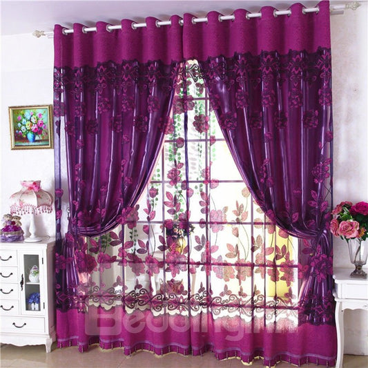 Decoration Polyester European Style Purple Peony Shading and Sheer Curtain Set
