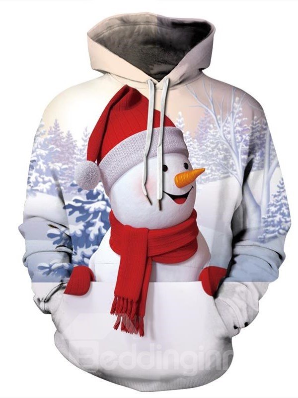 Christmas Snowman with red Scarf Pattern 3D Painted Long Sleeve Hoodie