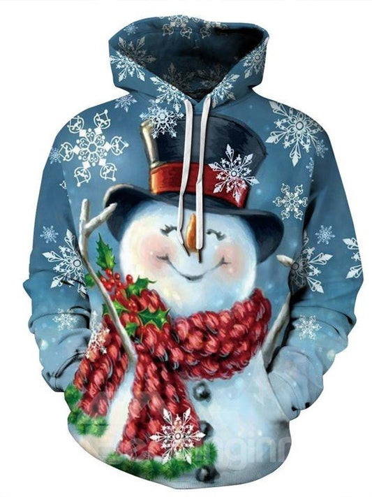 Christmas Happy Snowman Pattern 3D Painted Long Sleeve Hoodie
