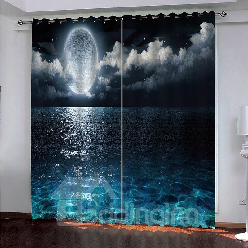 Cortinas de ventana con estampado 3D de cielo nocturno, decoración moderna de poliéster, apagón, luna llena y nubes brumosas con cristal turquesa como estampado de mar y océano