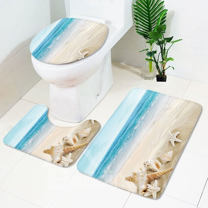 3D Blue Conch Pattern 3-Piece Water-Absorption Anti-slid Toilet Seat Covers
