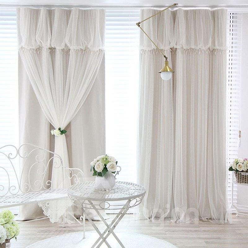 Romantic Pastoral Princess Lace Sheer and Blackout Cloth Sewing Together Double Pinch Pleat Curtain