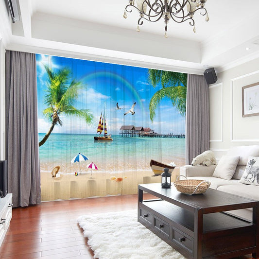 3D Beach Landscape Decoration 2 Panels Sheer Curtains for Living Room 30% Shading Rate No Pilling No Fading No off-lining