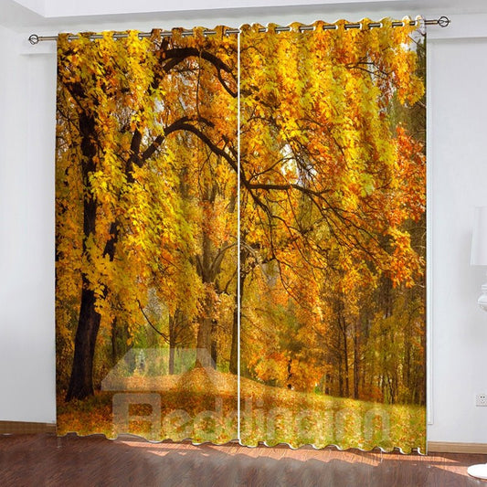 3D Autumn Forest Painted Yellow Curtains Living Room Bedroom Blackout Window Drapes 2 Panel Set 80 Inches Wide and 84 Inches Long with Good Shading Effect and Anti-ultraviolet Radiation