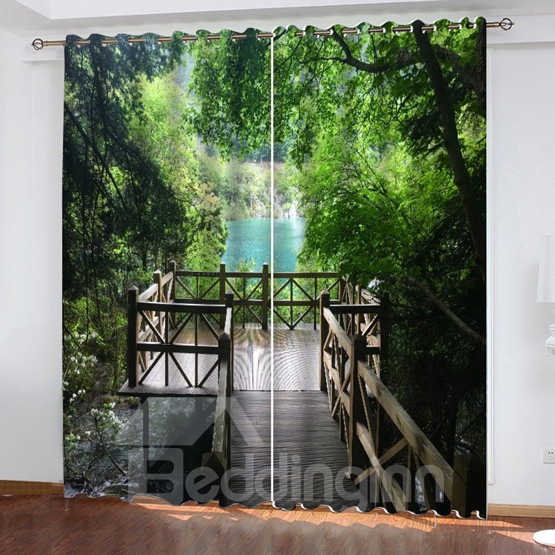 Cortina decorativa opaca con impresión digital 3D que protege los ojos de color verde con un encantador patrón de vista del paisaje 200/m² Sombreado Poliéster Gotas respetuosas con el medio ambiente y protectoras para los ojos