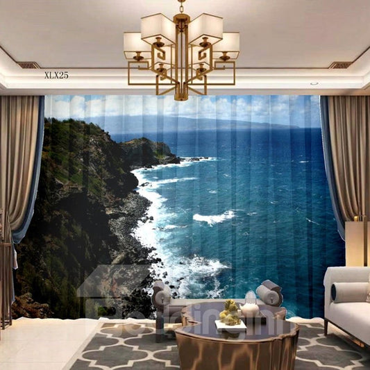 3D Chiffon Air Permeable 2 Panels Decorative Sheer with Fantastic Sea View