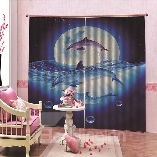 3D Animal Print 100% Blackout Thick Polyester Curtains with Dreamlike Dolphin in the Moon Night
