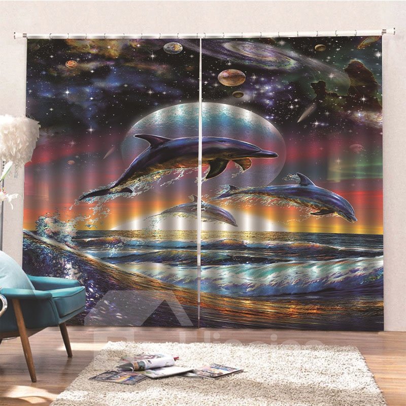 100% Eclipse Blackout Decorative 3D Animal Print Curtains with Jumping Dolphins in the Galaxy