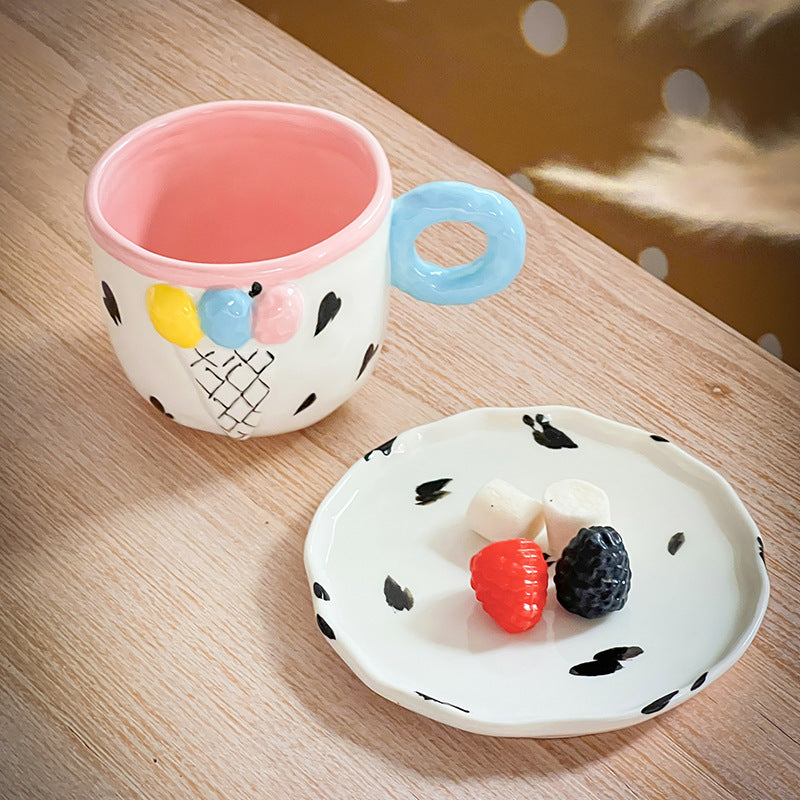 Ceramic Ice Cream Coffee Cup and Saucer Set for Women, 10 Oz Colorful Cute Teacup Set for Latte Tea