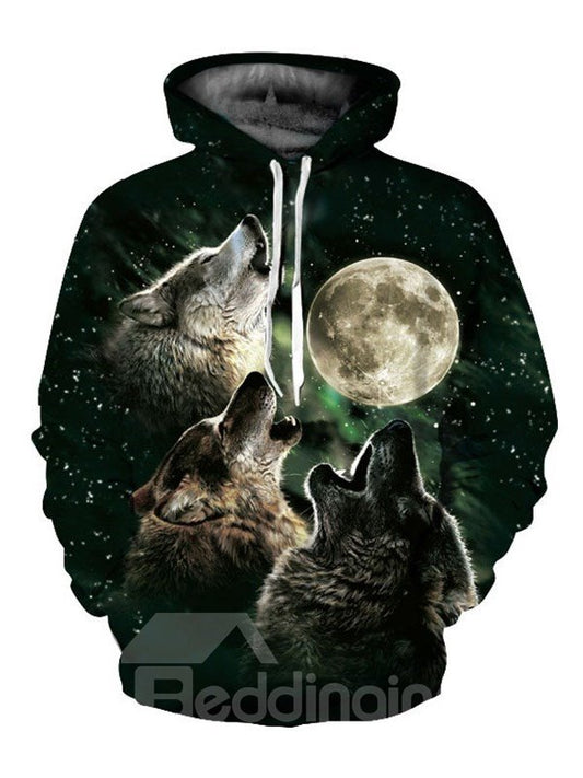 Men's Fashion Novelty Sweatshirts 3D Moon and Wolves Galaxy Printed Hoodies