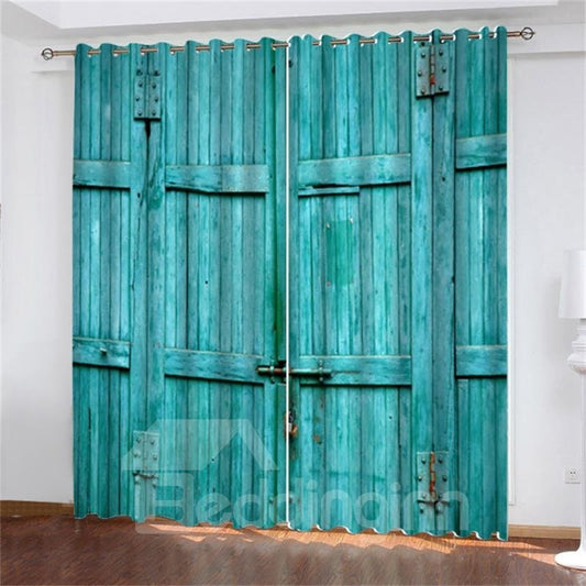 3D Rustic Turquoise Wooden Barn Door Print Blackout and Decorative Curtains Made of 200g/©O Heat Insulation and Water-proof Polyester Machine Washable