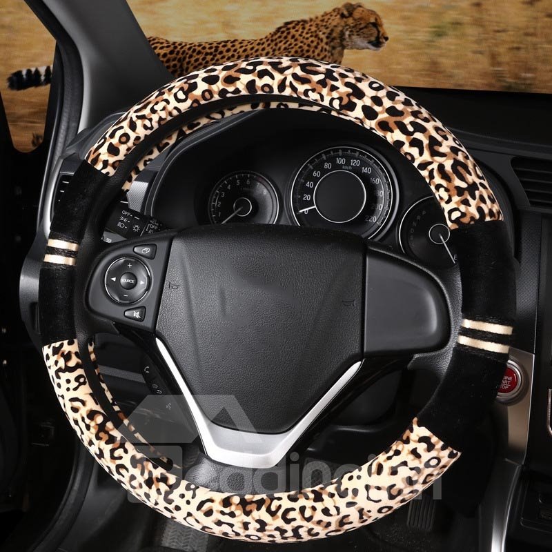 Winter Warm Suede Steering Wheel Covers Leopard Grain Design Wear-Resistant Heat/Cold-Resistant And Skid-Proof