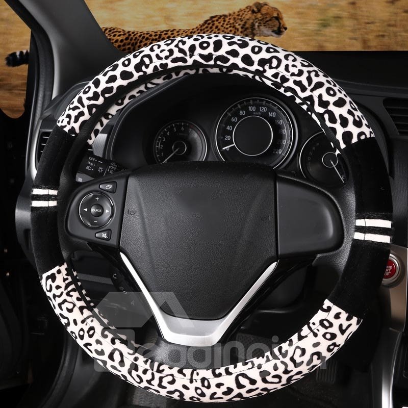 Winter Warm Suede Steering Wheel Covers Leopard Grain Design Wear-Resistant Heat/Cold-Resistant And Skid-Proof
