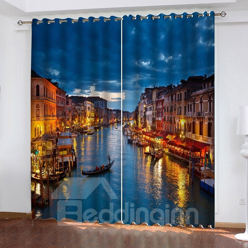 Verdunkelungsvorhänge mit fantastischem 3D-Druck „Venice Night View“, 200 g/m² Polyester, 70 % Schattierungsrate und UV-Strahlen, umweltfreundliches Drucken und Färben, keine Verwendung von chemischen Hilfsmitteln