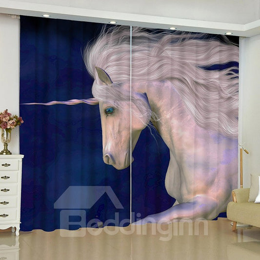 3D White Unicorn Print Blackout Decorative Curtains for Living Room Bedroom