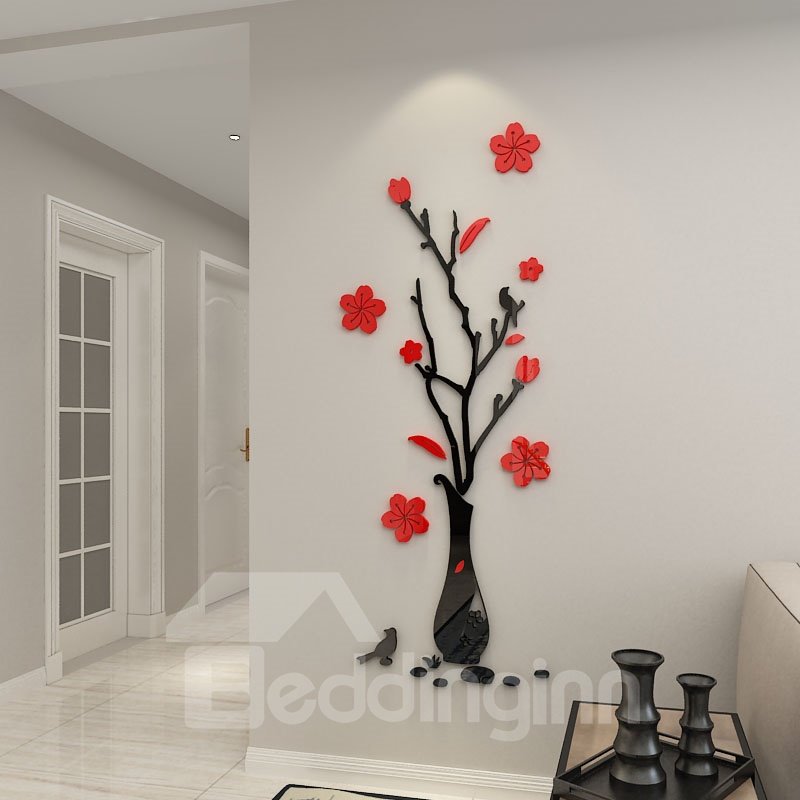 3D Plum Flowers Acrylic Vase Wall Stickers Living Room Bedroom TV Wall Background 3D Creative Wall Decoration