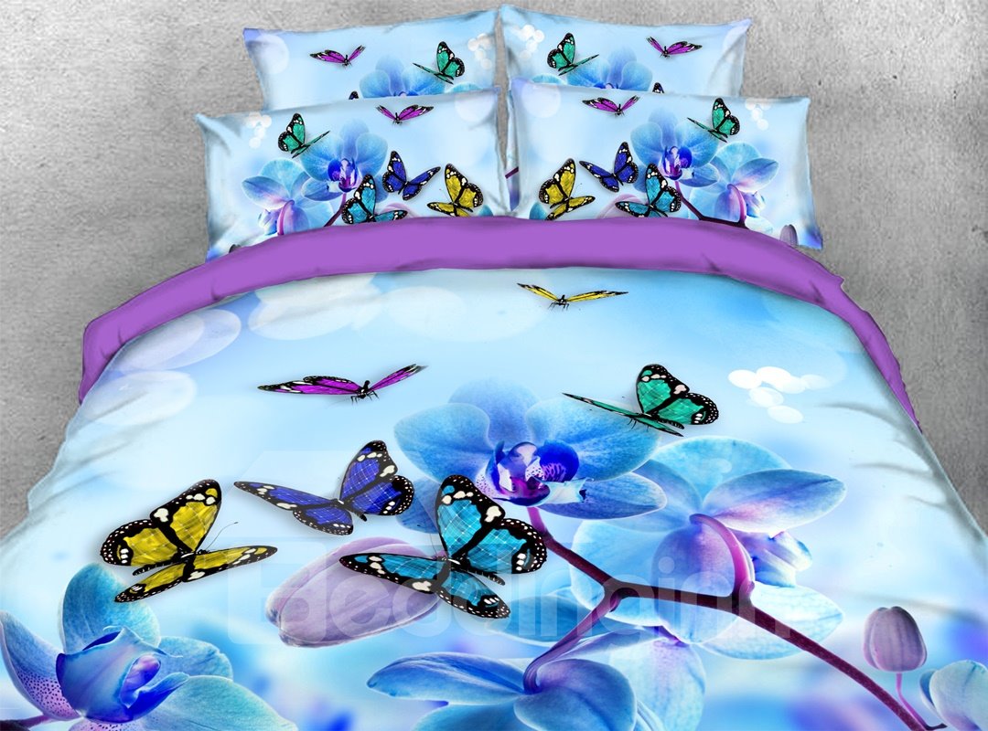 Butterflies and Magnolia 3D Comforter Soft 5-Piece Animal Print Bedding Sets Lightweight Warm Comforter Blue Purple