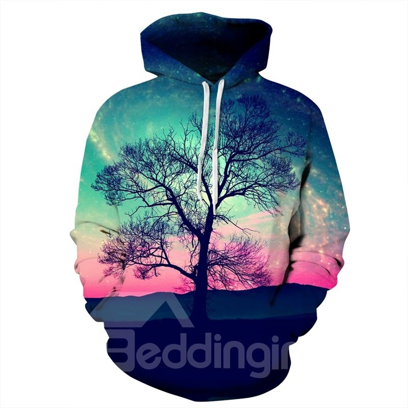 Tree Aurora Style Pink Scenery Couple Long Sleeve Spandex 3D Pattern Hoodie