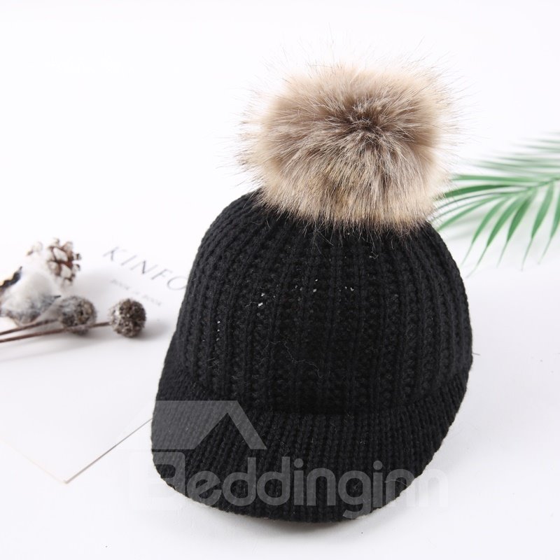 Domed Knitted Winter Hat with Pompon Short Brim Baby Hat