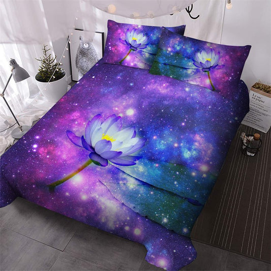 3D Printed Lotus Galaxy Comforter Set 3 Piece Purple Bedding Ultra-soft No-fading 1 Comforter 2 Pillowcases