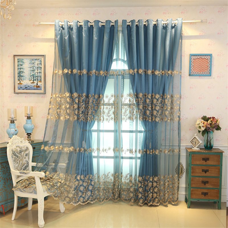 European Linen Window Curtains Double Embroidery Curtain Sets Sheer and Lining Blackout Curtains for Living Room Bedroom Decoration
