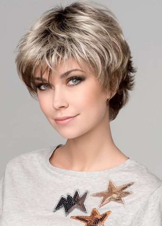 Synthetic Hair Capless Wavy Short 120% Wigs Heat Resistant Natural Looking Daily Party Wigs Cosplay Wigs with Natural Bangs with Free Wig Cap