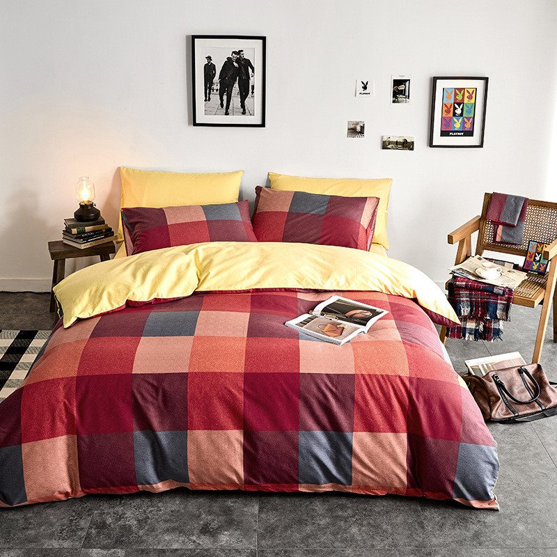 Red Plaid Pattern 4-Piece Bedding Set/Duvet Cover Set 1 Duvet Cover 1 Flat Sheet 2 Pillowcases Soft Comfortable Durable Cotton Christmas Gift