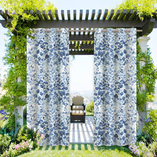 Modern Outdoor Curtains Blue Watercolor Leaves Grommet Top Cabana Curtain Waterproof Sun-proof Heat-insulating 1 Panel