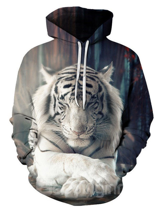 3D Print Garment Dyed Tiger Pullover Winter Men's Hoodies for Daily Wear and Casual Sports Occasion Ever Fading Cracking Peeling or Flaking