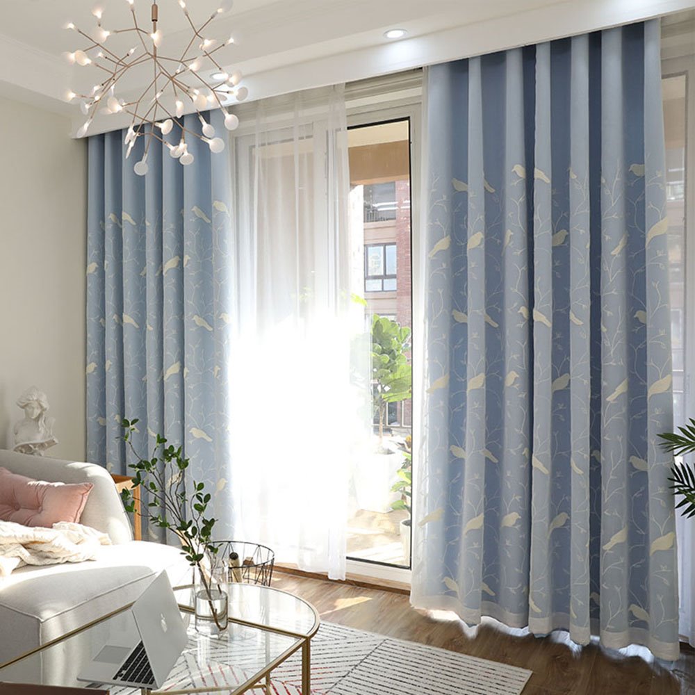 Modern Birds Embroidery Curtain Sets Sheer and Lining Blackout Curtain for Living Room Bedroom Decoration No Pilling No Fading No off-lining