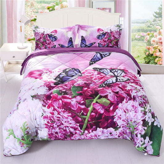 3D Purple Comforter Set Butterfy and Flower Bedding Set 1 Comforter 2 Pillowcases Soft Breathable No-fading Microfiber