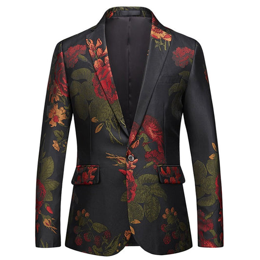 3D Floral Business Casual Men's Suit Jackets Black Slim Fit Single-Breasted One Button Leisure Blazer Coats