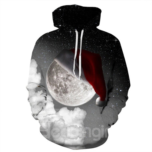 Christmas Hat on the Moon Night Couple Long Sleeve Spandex 3D Pattern Hoodie