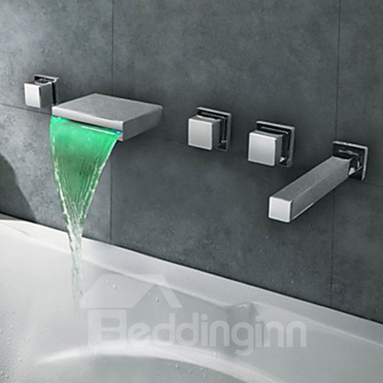 Chrome Finish Stainless Steel Spout LED Thermochromic Waterfall Bathroom Tub Faucet