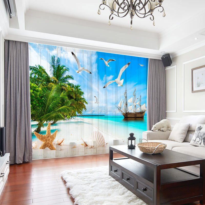 Decoración con vista a la playa en 3D, cortinas transparentes de gasa para sala de estar con 2 paneles, tasa de sombreado del 30%, sin pelusas, sin decoloración, sin forro