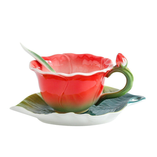 6 Oz Red Rose Floral Teacup and Saucer Set for Valentine's Day, Mother's Day, Christmas Gift