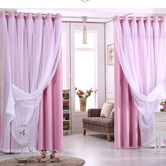 Double Layer Blackout Elylet Curtains Lace Solid Window Curtain Sets for Living Room Bedroom Decoration 2 Panels Shading Rate 95%