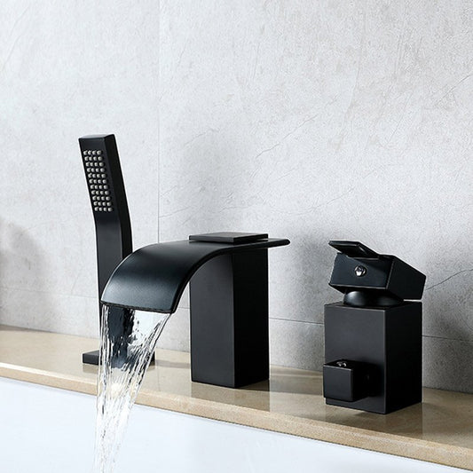 Matte Black BathTub Faucet Waterfall 3 Hole Deck Mount Widespread Bathtub Faucet with Handheld Shower